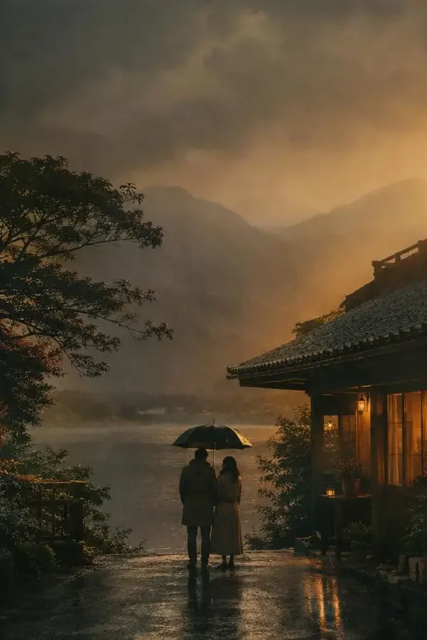 《春川的梅雨季》2026 年日韩电影海报，梅雨季节里，两个人共用一把伞的三个星期