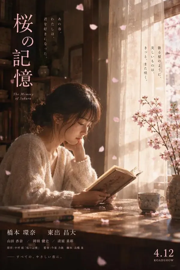 《樱花落下的声音》2026 年日韩电影海报，他们约好每年四月，在同一棵树下各放一本书